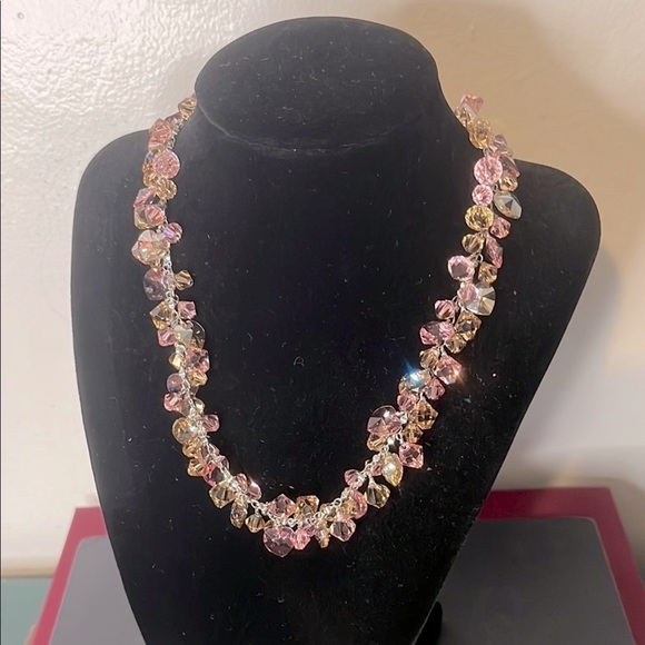 Swarovski Crystal Pink &‎ Yellow 925 Silver Heart Cluster Choker Necklace - Picture 2 of 6